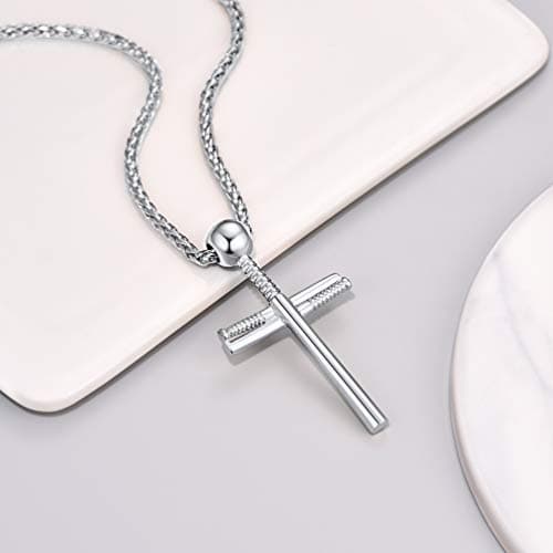 PROSTEEL Personalized Baseball Fan Necklace, Stainless Steel Bat Cross/ Dogtag, Engrave Available, Box Included