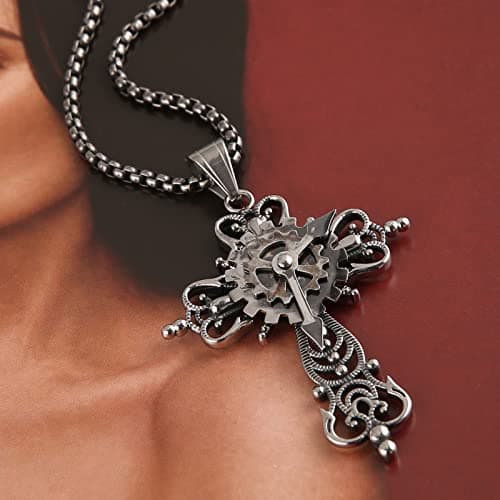 Men's Silver Cross Necklace Stainless Steel Gear Steampunk Pendant