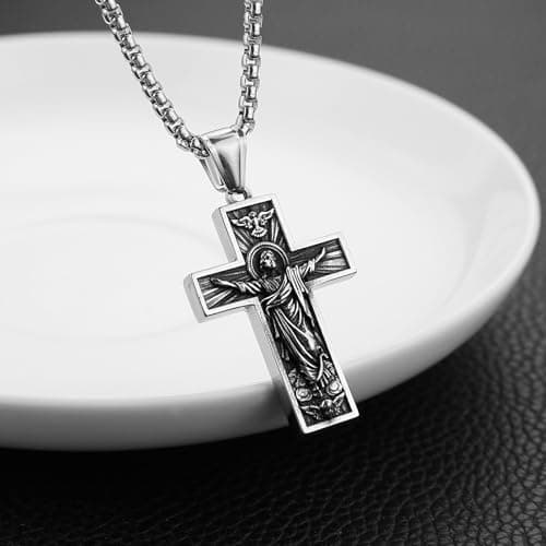 HZMAN Stainless Steel Retro Jesus Cross Necklace - Christian Faith Jewelry Gift