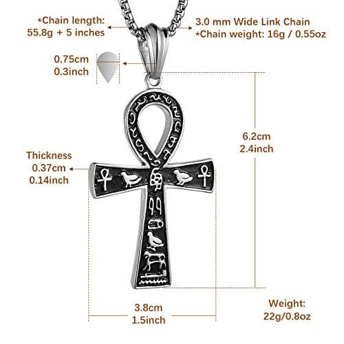 HZMAN Stainless Steel Large Ankh Pendant with 22+2 Inch Chain