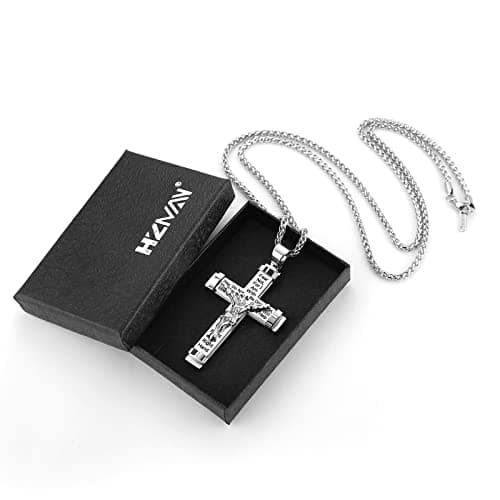 Stainless Steel Cross Necklace with Lord's Prayer Pendant.