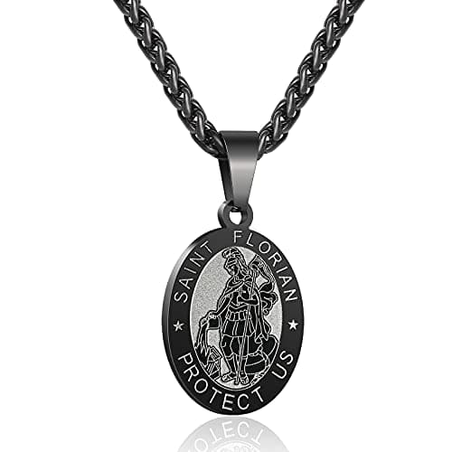 Apsvo Oval Catholic Saints Pendant Medallion, Stainless Steel Wheat Chain 24 Inches