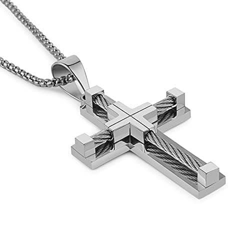 HZMAN Stainless Steel Men's Double Layer Cross Necklace with Cable Inlay 22+2 Inch Chain
