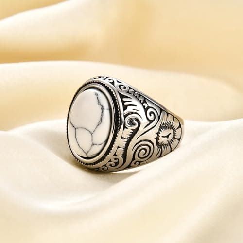 Retro Turquoise Stone Rings for Men, Stainless Steel Signet Biker Band