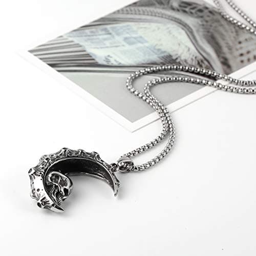 HZMAN Gothic Retro Moon Crescent Skull Stainless Steel Pendant Necklace