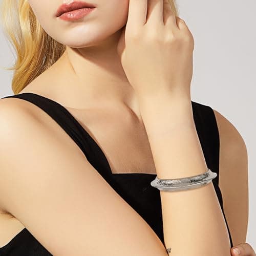 HZMAN Thick Wide Hammered Open Hinge Bracelet for Women