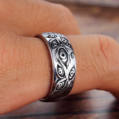 Vintage Men's Stainless Steel Engraved Eye of God Ring - Black Gold Tone