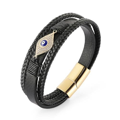 HZMAN Black Genuine Leather Evil Eye Bracelet with Rhinestones