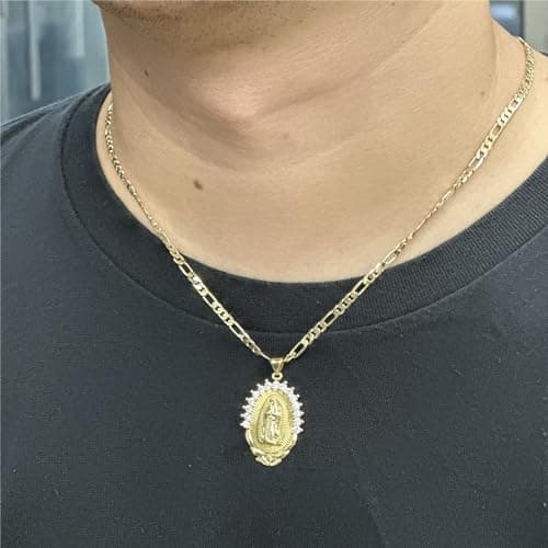 Kelistom 18K Gold Plated Virgin Mary Necklace, Oval Zircon Pendant & Figaro Chain