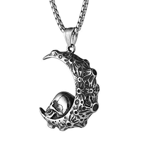 HZMAN Gothic Retro Moon Crescent Skull Stainless Steel Pendant Necklace
