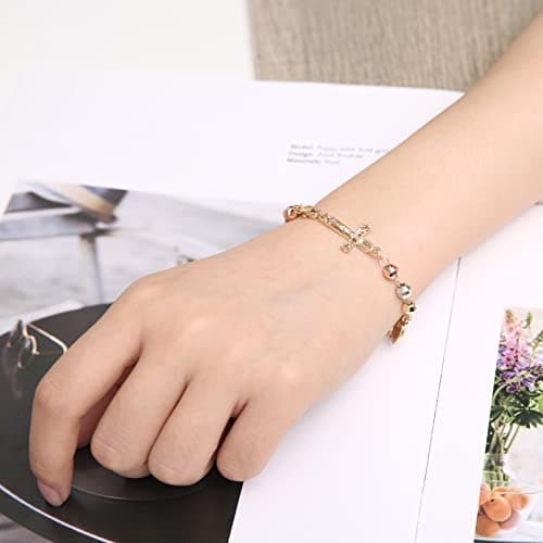 Virgin Mary Rosary Bead Cross Bracelet - Adjustable Link Bracelet for Women - Jewelry Gift