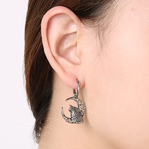 HZMAN Stainless Steel Gothic Punk Howling Wolf Moon Earrings for Men & Women