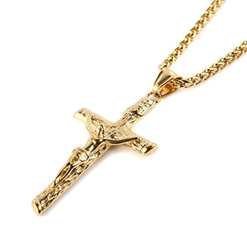 HZMAN Crucifix Cross Pendant Necklace Stainless Steel Jesus Jewelry for Men and Women with 22+2 Chain