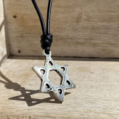 Star of David Necklace - Mens Tequila Sunrise Shop, Gold Mitzvah Gift, Jewish Jewelry, Antique Silver, Black Leather