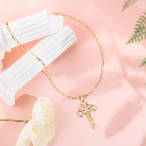 HZMAN 14K Rose Gold Plated Cubic Zirconia Cross Pendant Faith Jewelry for Men & Women