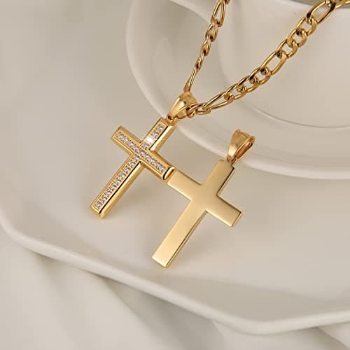 Gold-Plated CZ Cross Necklace for Men and Women - 24 Inch Chain
