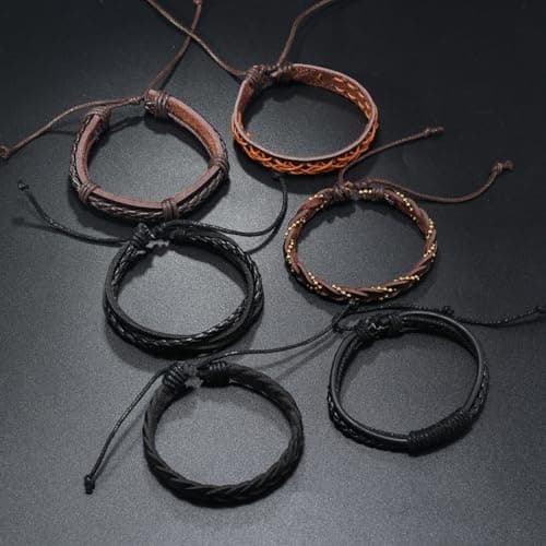 MONAZEO Woven Cuff Bracelets for Men & Women with Wood Beads & Hemp Cords Set