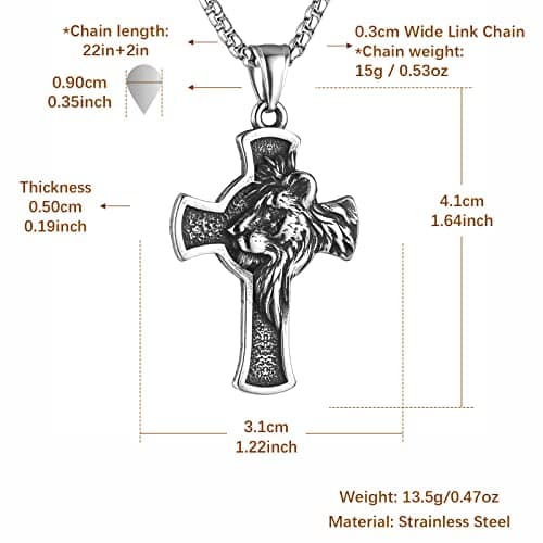 Stainless Steel Cross Necklace for Men Women with Lion Head Pendant and Chain