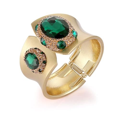 HZMAN Chunky Green Crystal Cuff Bracelet for Women Gold Plated Jewelry Gift
