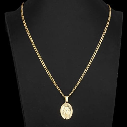 Yipima 14K Gold Plated Oval Guadalupe Virgin Mary Necklace, 3mm Flat Figaro Chain