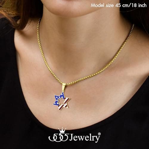 Stainless Steel Star of David & US Flag Necklace, 16-24" Chain