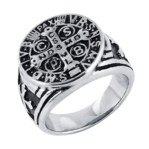 St Benedict Exorcism Ring Stainless Steel Cross Demon Protection