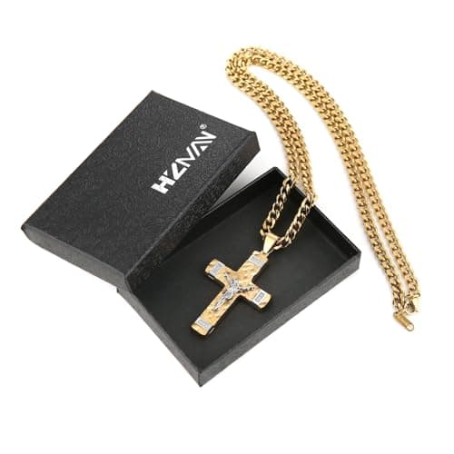 HZMAN Men's Stainless Steel Small Crucifix Necklace Christian Jewelry with 24Inch Cuban Chain