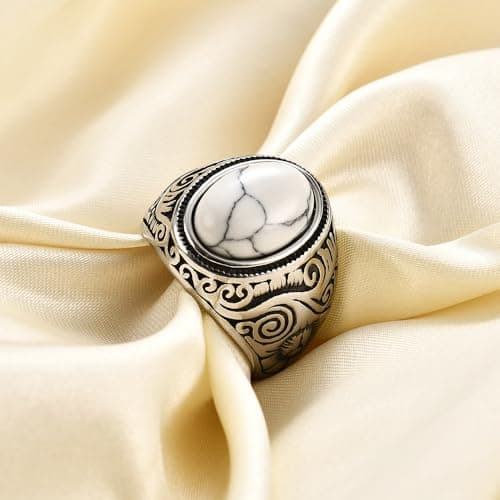Retro Turquoise Stone Rings for Men, Stainless Steel Signet Biker Band