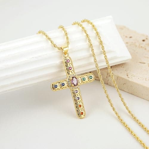 HZMAN Gold Plated Cubic Zirconia Cross Pendant Necklace for Women
