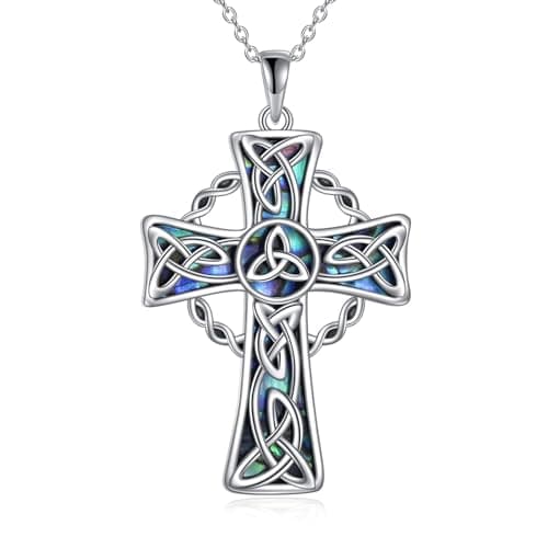 YONFQE Celtic Knot Sterling Silver Abalone Cross Pendant Jewelry for Women