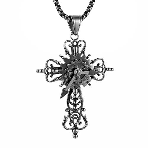 Men's Silver Cross Necklace Stainless Steel Gear Steampunk Pendant