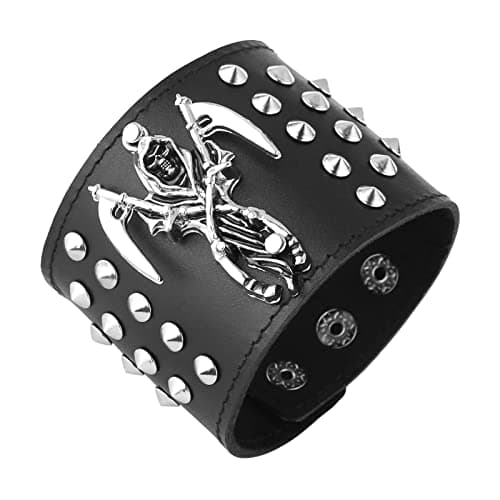 HZMAN Black Death Skull Leather Cuff Bracelet for Men