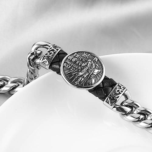 Knight Templar Red Cross Bracelet: Armor of God Stainless Steel Cuban Chain Link Bracelet