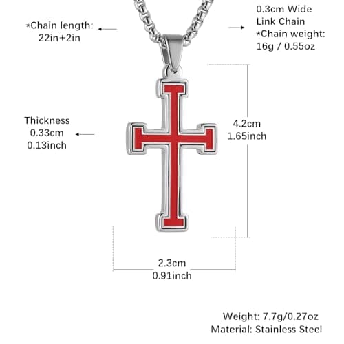 HZMAN Polished Stainless Steel Knights Templar Cross Pendant Necklace