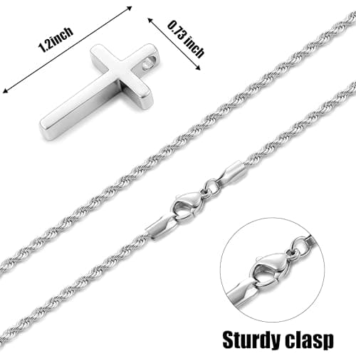 Fiusem Men's Stainless Steel Cross Necklace, 2.5mm Rope Chain, 16-28 inches