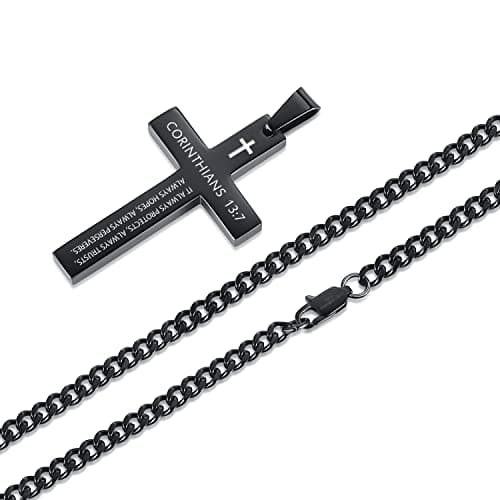 REVEMCN Men's Black Silver Stainless Steel Cross Necklace Faith Jewelry