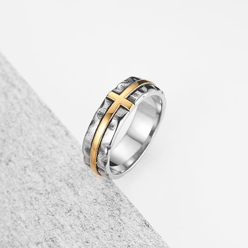 HZMAN Men's Stainless Steel Retro Hammered Cross Ring 6.5mm Wide Stackable Band Jewelry Gift
