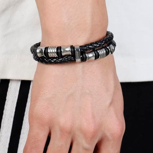 Eigso Wooden Bead PU Leather Cuff Bracelet for Men & Women