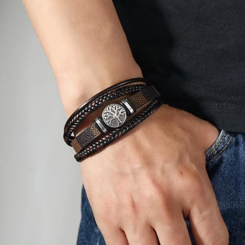 CraftsmanScore Black Tree of Life Bracelet for Men, Leather Wrist Band