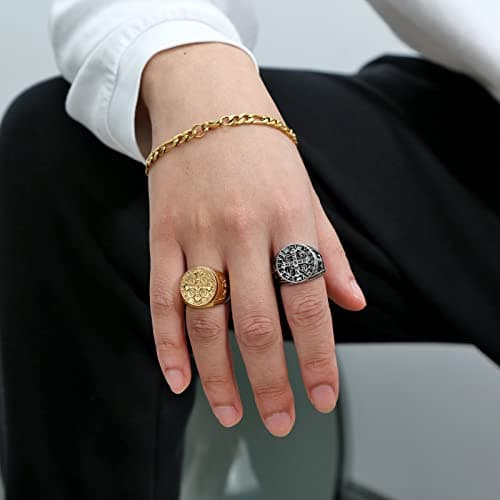 HZMAN Men Women St. Benedict Exorcism Ring with Silver Stainless Steel Roman Cross Ghost Protection
