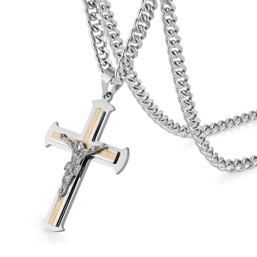HZMAN Large Stainless Steel Crucifix Necklace for Men Christian Jewelry Gift