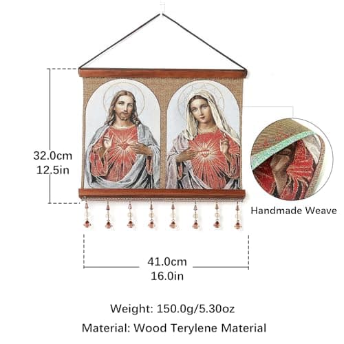 HZMAN Retro Handmade Jesus and Virgin Mary Wall Art Decor - Sacred Heart Aesthetic for Living Room or Bedroom, Framed 16x12.5 Inch