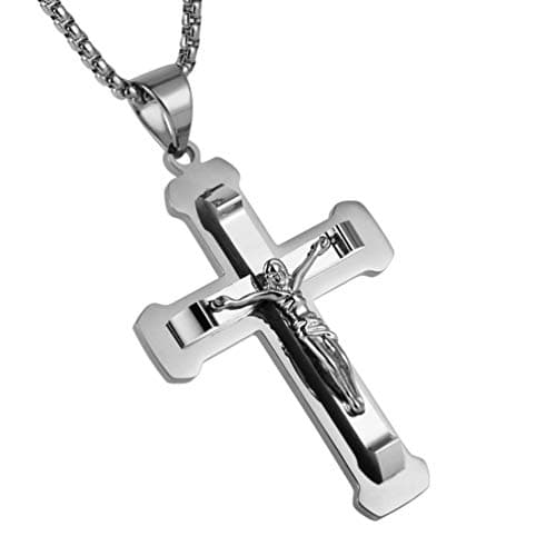 HZMAN Stainless Steel Cross Pendant Necklace for Men, Silver Gold Black Multicolor, 22 Inch Chain