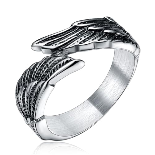 TIGRADE Antique Stainless Steel Feather Angel Wing Ring, Black Silver Band, Size 4.5-14.5