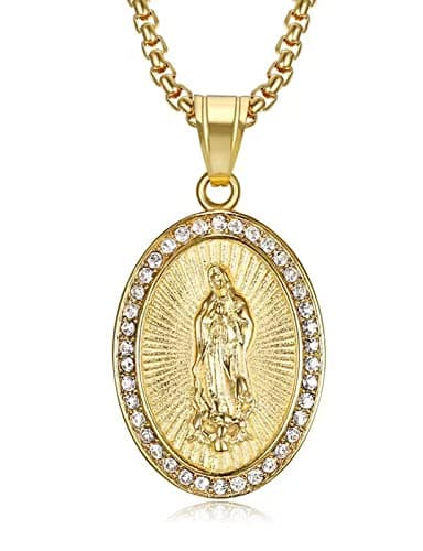 Gold Plated Virgin Mary Necklace 24in Chain for Men & Women