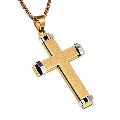 Stainless Steel Men's Large Cross Necklace with Lord's Prayer Pendant