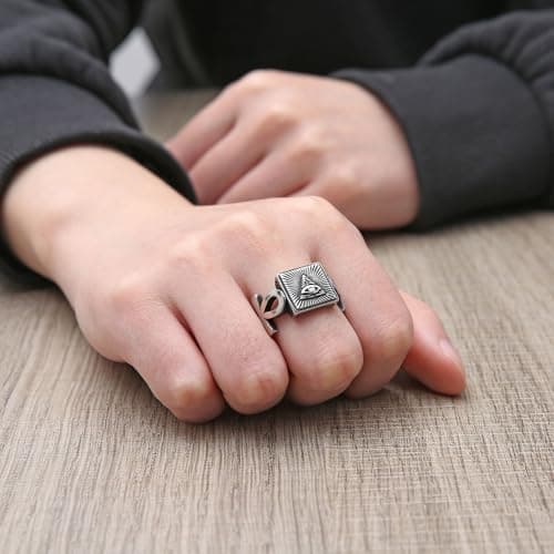 HZMAN Men's Stainless Steel Retro Coptic Ankh Eye of Providence Ring Jewelry Gift