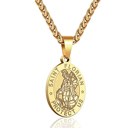 Apsvo Oval Catholic Saints Pendant Medallion, Stainless Steel Wheat Chain 24 Inches