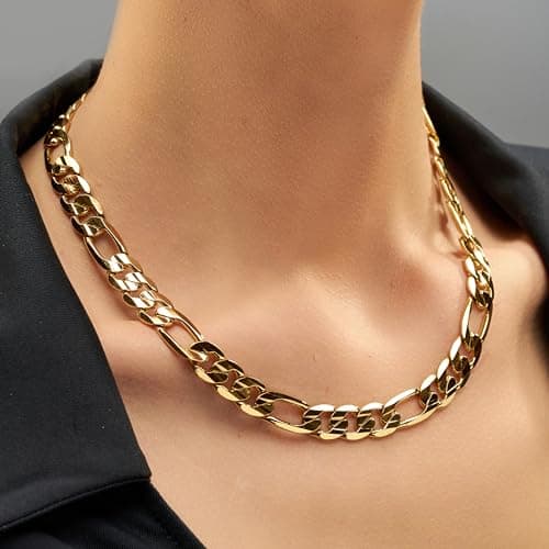 9mm Figaro Chain Necklace 24k Real Gold Plated - Men and Women