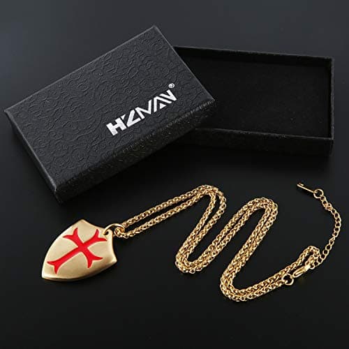 HZMAN Templar Cross Pendant Necklace with Shield 22+2 inch Chain